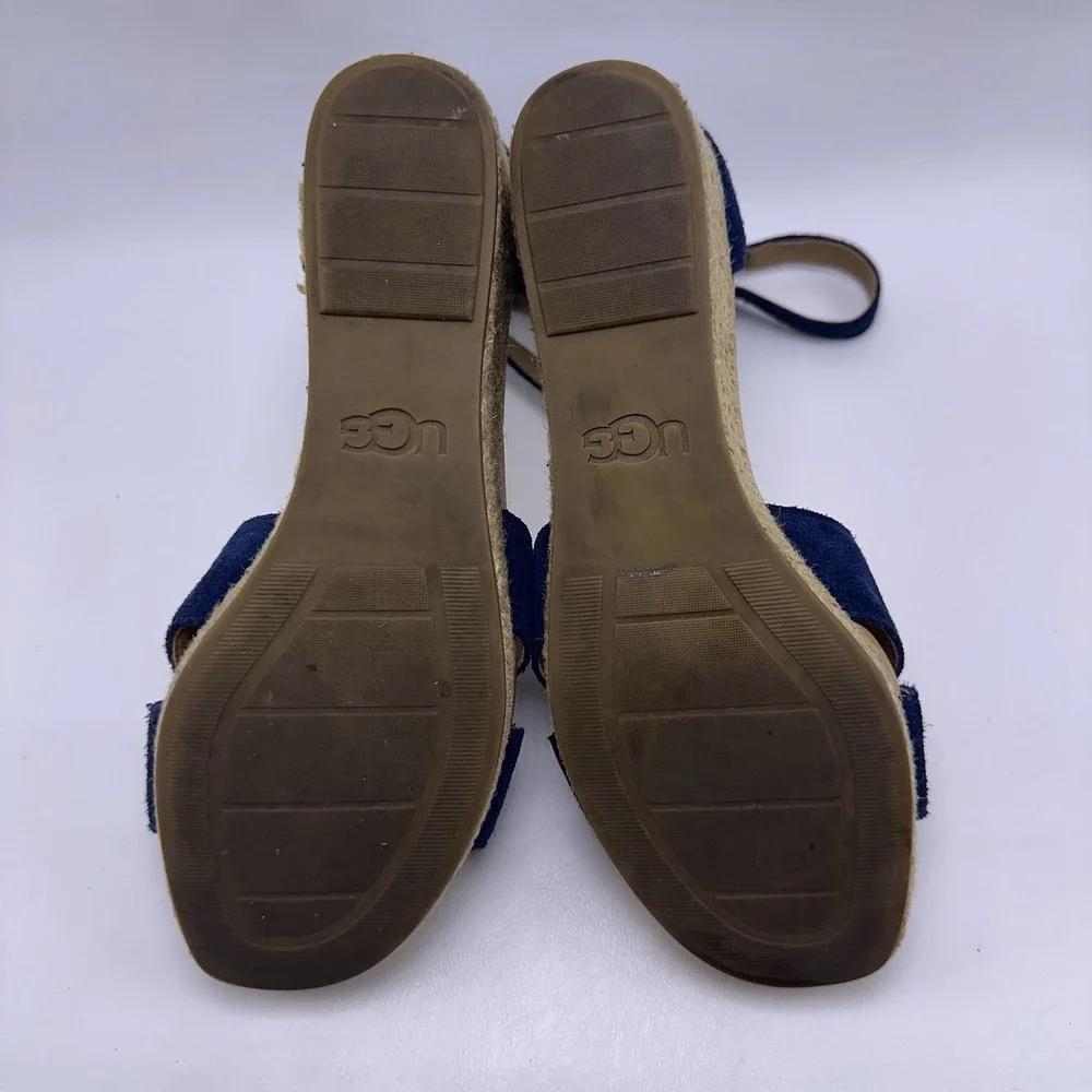 UGG Eugenia Navy Blue Suede Wedge Espadrille Sandals Women's Size 9 Ankle Strap